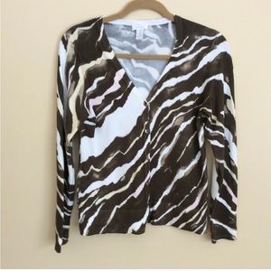 Chicos Button Down V Neck Cardigan Sweater Brown Beige Pink Zebra Print Size 1